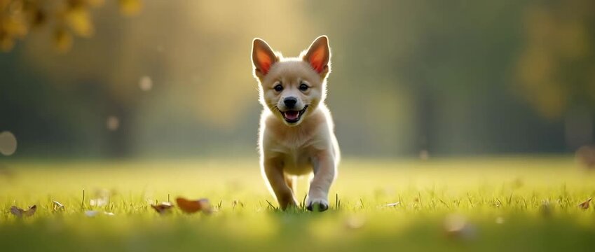 Playful puppy dashes through sunlit meadow as leaves gently sway; cinematic slow-motion captures joy and innocence with steady tracking shot, perfect for pet and nature stock video.
