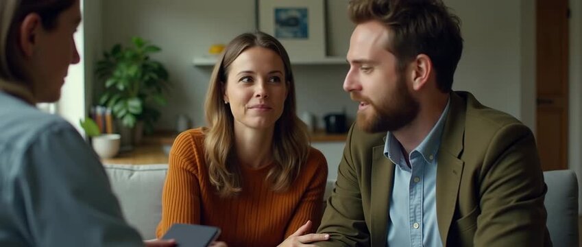 A happy couple engages in conversation about their business affairs, sitting side by side with a planner in a cozy setting. Ample copy space allows for various text placements.