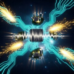 Central processor chip sparks with intense electrical energy in space