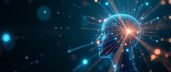 Futuristic digital head with glowing connections pulsates softly; camera slowly pans across the scene, emphasizing innovation and technology in a cinematic, high-tech environment. - Powered by Adobe