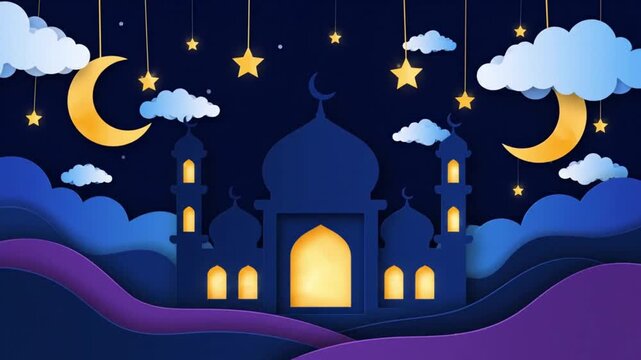 Layered paper cut style illustration of a mosque silhouette under a starry night sky with crescent moons and glowing clouds. Ramadan Kareem background.