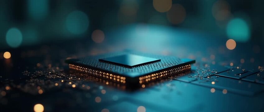 A close-up view of a processor chip on a sleek surface, framed with negative space, showcasing intricate details for professional use in technology articles.