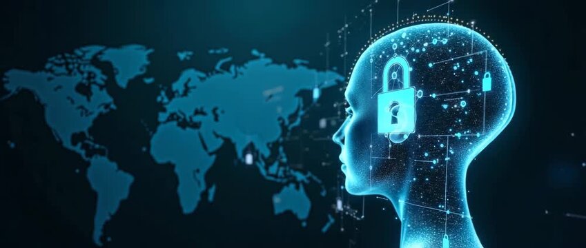 Futuristic digital brain with glowing data connections, padlock icon indicating cybersecurity, gently rotates as camera slowly pans across a global map background, in a sleek, cinematic style.