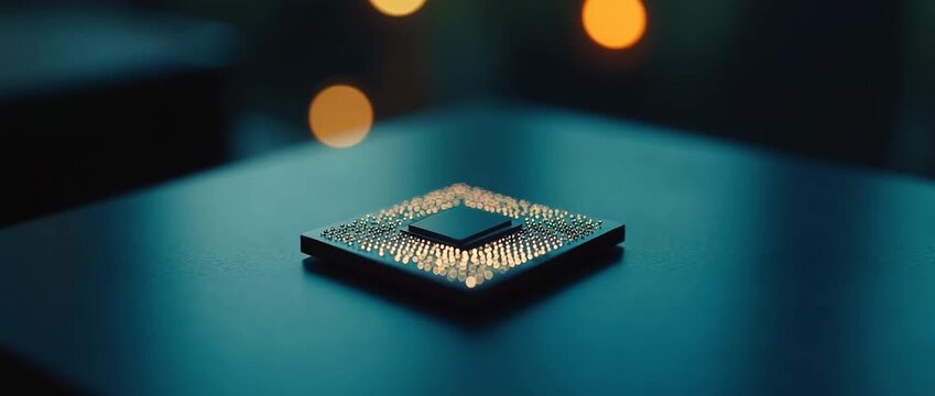 A close-up view of a processor chip on a sleek surface, framed with negative space, showcasing intricate details for professional use in technology articles.