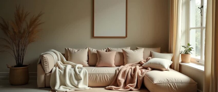 Cozy living room with minimalist design as sunlight gently streams through the window, camera slowly pans, highlighting soft textures and warm tones in a serene, cinematic atmosphere.