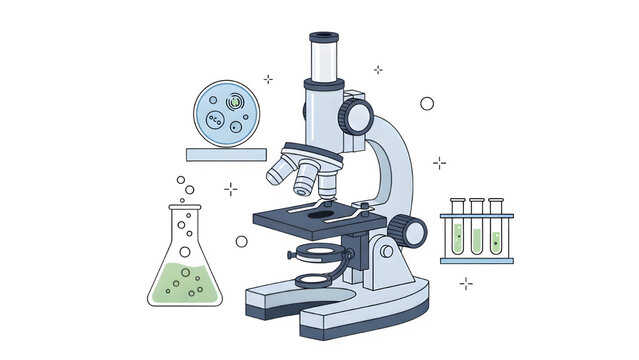 A microscope on a transparent background with slide and test tube isolated on transparent background