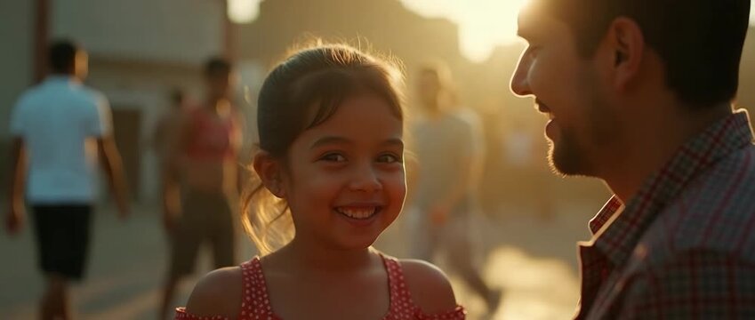 Father and daughter share a joyful moment in golden-hour sunlight, with gentle ambient motion and a slow pan capturing their connection in this cinematic, heartwarming scene.