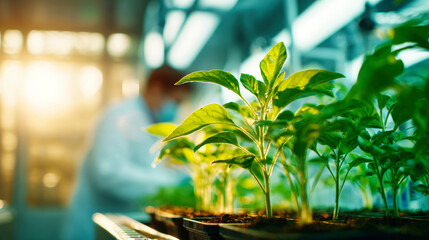 Green plants are growing in pots in a laboratory as a scientist in a lab coat studies them. Sunlight filters through glass windows creating a bright scene