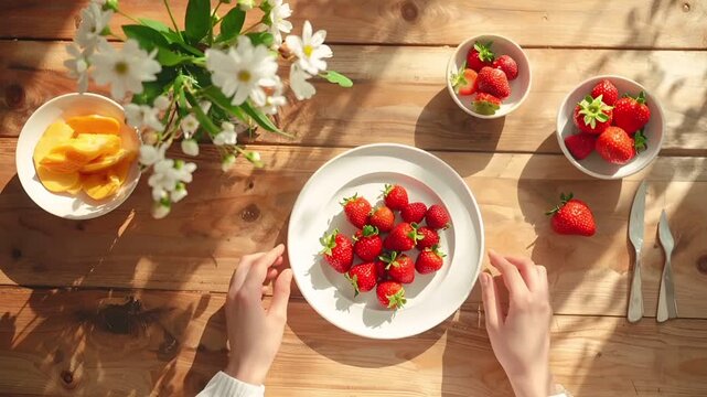 キッチンテーブルで柑橘類の皮を丁寧にむく手元のクローズアップ。
明るい自然光が果実の色と質感を際立たせる。