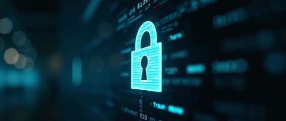 Cinematic cybersecurity visualization with a glowing digital padlock icon gently pulsating as the camera slowly pans across a dark, futuristic interface; data streams softly moving in the background. - Powered by Adobe