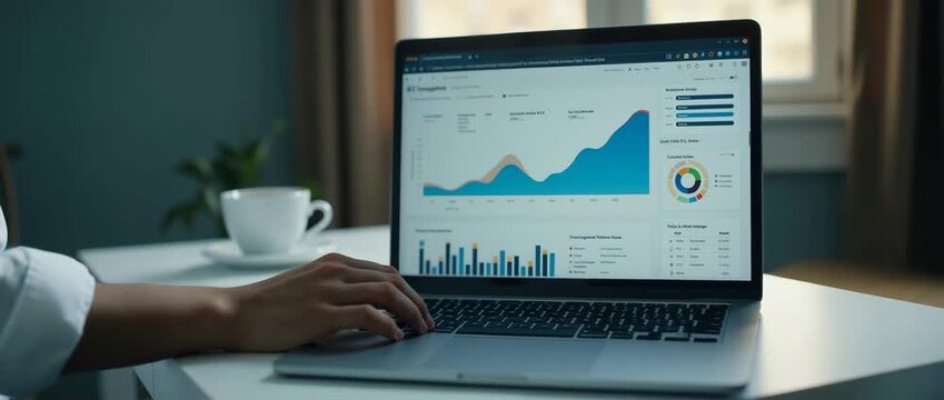 Person analyzes data on a laptop screen with a gentle hand motion, while the camera slowly pans across a minimalist office setting, creating a serene, cinematic business atmosphere.