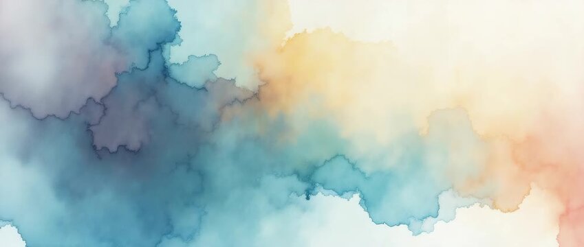Watercolor clouds gently drift across a serene sky as the camera slowly pans, capturing the dreamy, abstract hues and soft textures in a calming, artistic motion.
