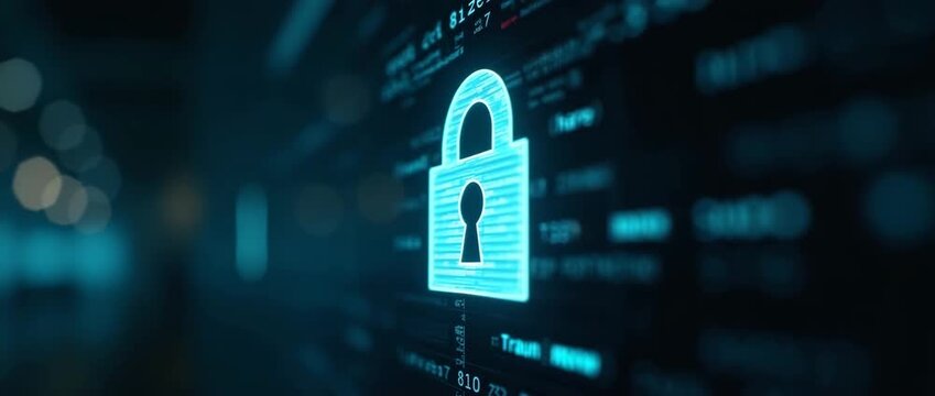 Cinematic cybersecurity visualization with a glowing digital padlock icon gently pulsating as the camera slowly pans across a dark, futuristic interface; data streams softly moving in the background.