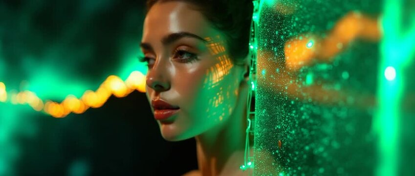 A colorful abstraction portraying AI green energy agents, featuring vibrant hues and dynamic shapes, framed with ample copy space for promotional content.