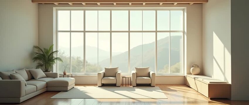 Serene minimalist living room with sunlight streaming through large windows, casting gentle shadows; camera slowly pans across the tranquil space revealing breathtaking mountain views in cinematic sty