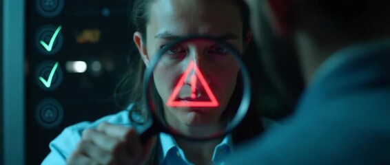 Focused woman examines digital interface through magnifying glass, as neon symbols flicker with intrigue; camera smoothly pans, enhancing the cinematic tech investigation ambiance. - Powered by Adobe