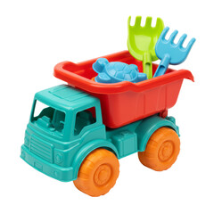 Fototapeta premium Colorful Toy Truck with Sand Toys for Beach Fun