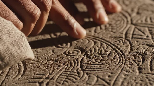 Hands tracing intricate patterns on textured surface