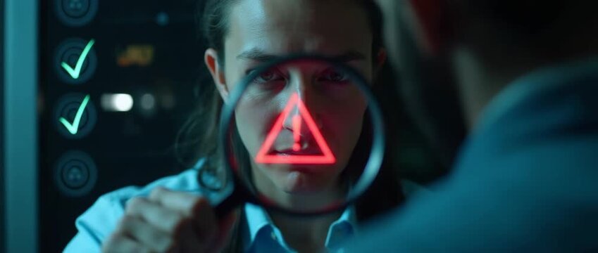 Focused woman examines digital interface through magnifying glass, as neon symbols flicker with intrigue; camera smoothly pans, enhancing the cinematic tech investigation ambiance.