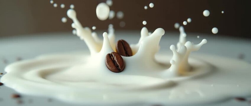 Coffee beans splash into creamy milk in slow motion, captured with a smooth cinematic pan, creating a dynamic and visually appealing scene with gentle ambient lighting.