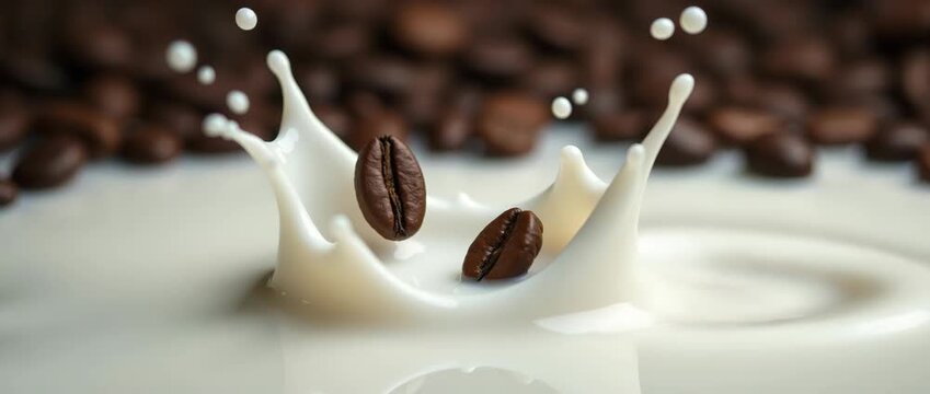 Two coffee beans drop into a pool of milk, creating splashes and ripples. The scene showcases the contrast between dark beans and white milk, ideal for minimalistic compositions with ample copy space.
