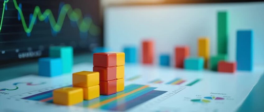Colorful 3D bar graph blocks move upward in a dynamic financial growth scene, with a gentle camera pan revealing a vibrant, cinematic style, ideal for business and analytics visuals.