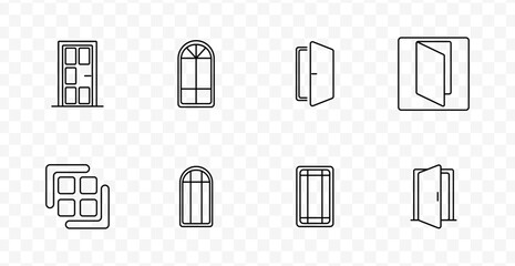 Door and window set icon. Classic entrance, arched window, open door, glass frame, home architecture, interior design, access point, ventilation element.
