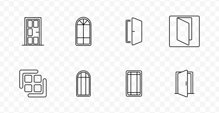 Door and window set icon. Classic entrance, arched window, open door, glass frame, home architecture, interior design, access point, ventilation element.
