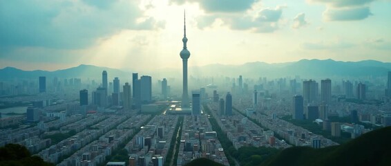 Cinematic aerial view of a bustling city skyline with sunlit clouds casting dynamic shadows; camera gently pans across modern skyscrapers as ambient light flickers over urban landscape.