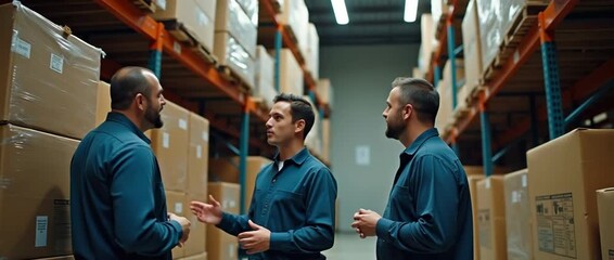 Warehouse teamwork unfolds as colleagues engage in animated discussion, camera gently panning through organized aisles, capturing a cinematic view of dynamic logistics and efficient operations.