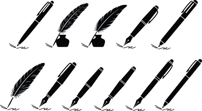 Writing instruments icon set featuring fountain pens ballpoint pens and quills with inkwells for literature blogging and calligraphy.
