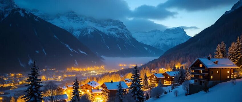 Panorama of Grindelwald enveloped in winter twilight, showcasing snow-covered mountains and illuminated chalets, emphasizing natural symmetry and beautiful copy space.