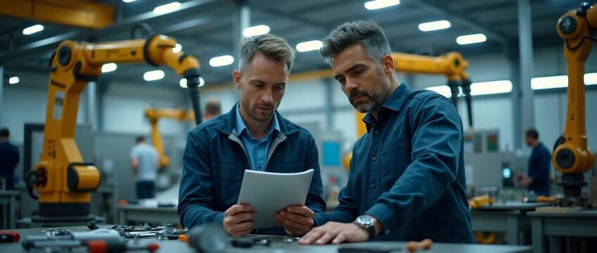 Two engineers collaborate intently in a modern robotic arm factory, evaluating designs while surrounded by advanced machinery and tools, showcasing a scene rich in copy space.