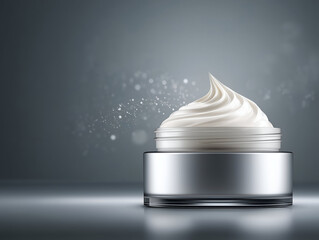 Skincare product packaging presenting a rich white cream swirl in a metallic and clear glass jar. Symbolizing beauty. Wellness. Hydration