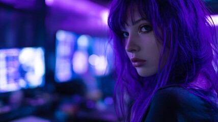 Porträt einer jungen Frau in neonfarbenem Licht mit futuristischer Cyberpunk-Atmosphäre und urbanem Nachtleben