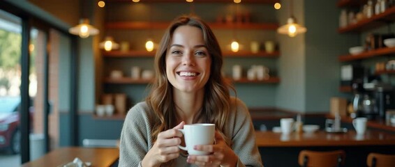 A cheerful woman enjoying her coffee break while using her smartphone in a cozy coffee shop setting, with ample copy space for branding elements.