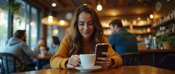 A cheerful woman enjoying her coffee break while using her smartphone in a cozy coffee shop setting, with ample copy space for branding elements.