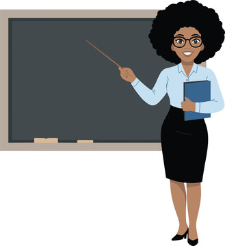 Female teacher with afro pointing at blank chalkboard holding blue folder on white background illustration.