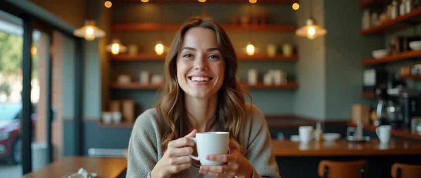 A cheerful woman enjoying her coffee break while using her smartphone in a cozy coffee shop setting, with ample copy space for branding elements. - Powered by Adobe