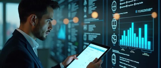 Business professional analyzing data on a digital tablet, charts animate on screen; slow camera pan reveals high-tech office environment with dynamic, futuristic motion; cinematic, tech-inspired style - Powered by Adobe