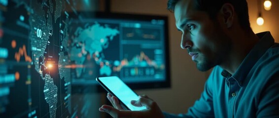 Focused professional analyzing dynamic data on digital screen, tablet in hand; camera slowly pans, ambient lights flicker; cinematic style emphasizes innovation, technology, and business strategy. - Powered by Adobe