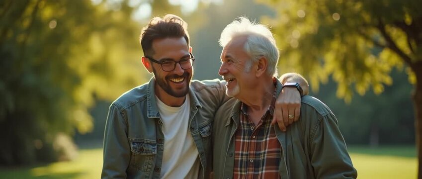 Elderly man and young adult share joyful laughter in sunlit park, walking together, camera gently tracks their movement, trees sway softly, cinematic and heartwarming family moment.