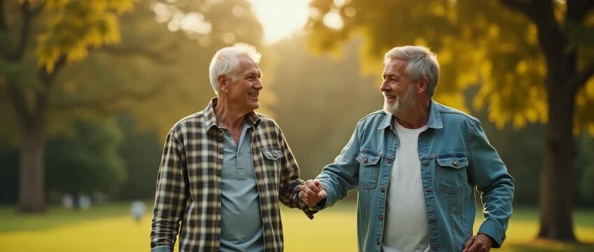 A joyful senior father and his hipster adult son bonding in a lush outdoor park, the composition captures love and leisure with ample space for personal reflections.