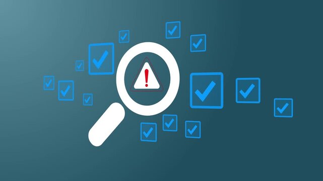 Identifying Critical Issues: Magnifying Alert Amidst Approvals & Checks for Risk Management, Security, and Compliance Assurance and Motion graphics of scam alert concept.