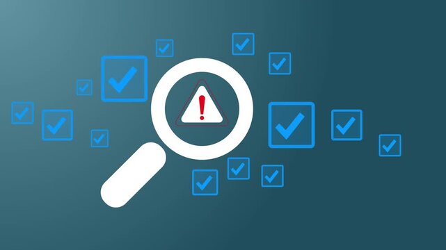 Identifying Critical Issues: Magnifying Alert Amidst Approvals & Checks for Risk Management, Security, and Compliance Assurance and Motion graphics of scam alert concept.