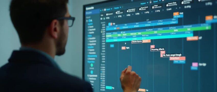 Business professional interacts with digital project management screen, highlighting data analytics; camera gently pans across the modern workspace, capturing a cinematic workflow dynamic.
