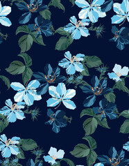 Flowers and leaves in vintage style, seamless pattern.
