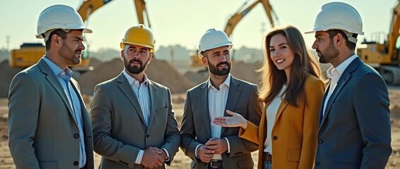 Business professionals in hard hats discuss construction plans on-site as machinery operates in the background; camera slowly pans to capture dynamic teamwork in a cinematic style.