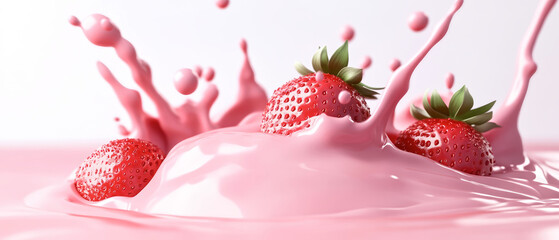 Vibrant splash of strawberry milk features fresh strawberries, showcasing bright colors and exceptional detail, creating an eye-catching visual scene