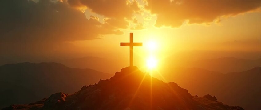 Majestic sunrise over a mountain peak with a cross silhouetted, as golden clouds drift slowly; cinematic slow pan captures serene, spiritual ambiance, ideal for inspirational projects.
